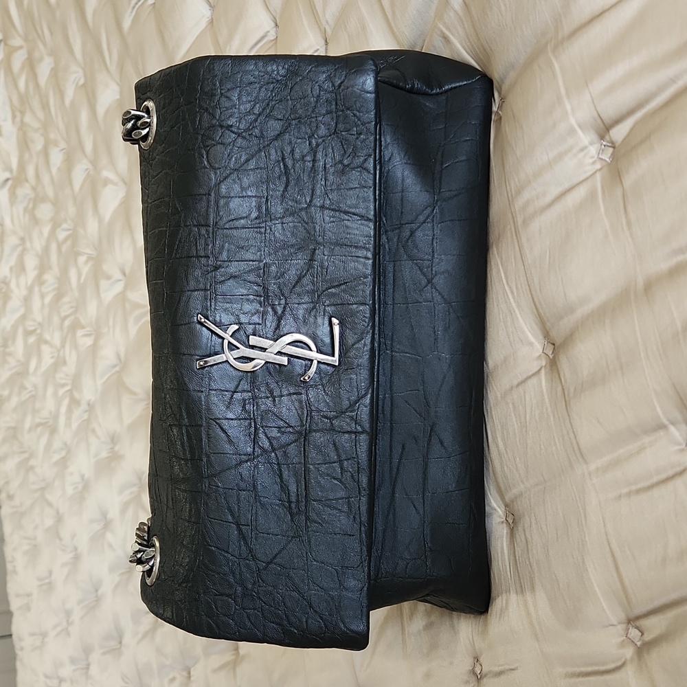 Saint Laurent Calfskin Crocodile Embossed West Hollywood Monogram Fold-Over